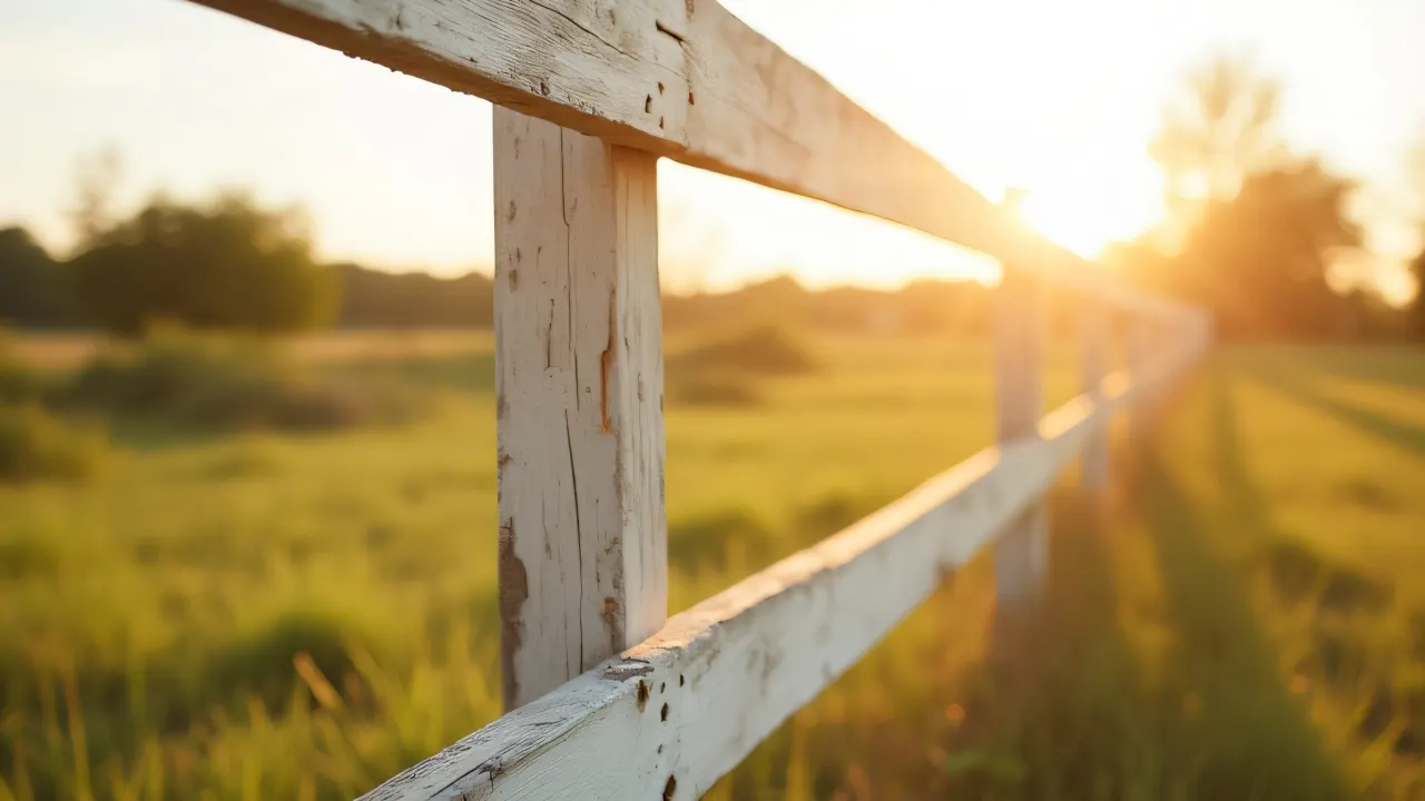 A weathered white wooden fence in a sunlit meadow under late-afternoon light.