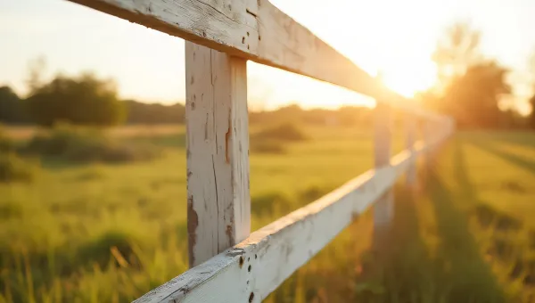 Weathered White Wooden Fence In Sunlit Meadow