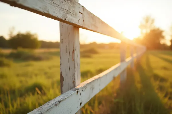 Weathered White Wooden Fence In Sunlit Meadow