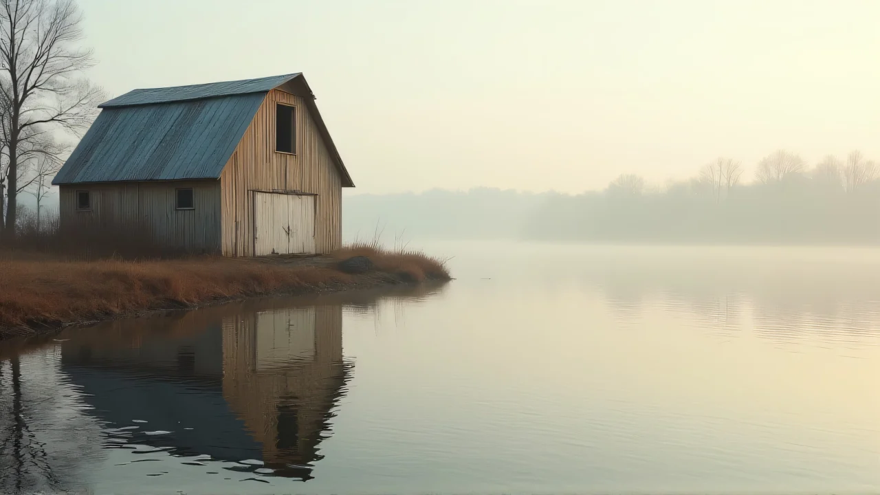 A weathered wooden building stands beside a tranquil freshwater lake, reflecting the surrounding trees.