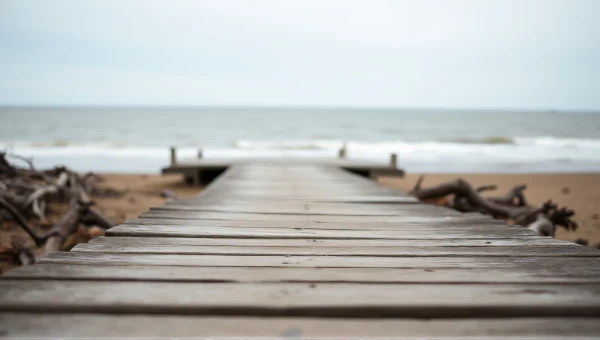 Weathered Wooden Boardwalk At Seashore Horizon