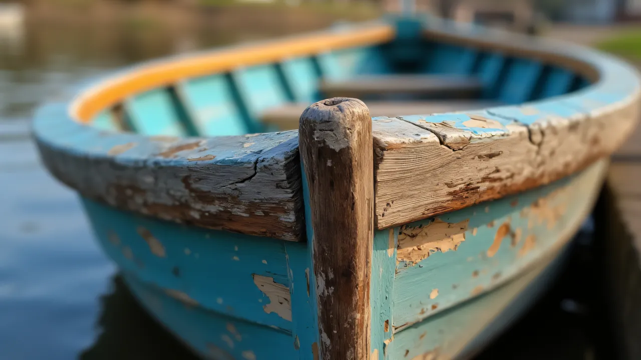 Close-up of an old wooden boat hull showing peeling paint and aged grain.