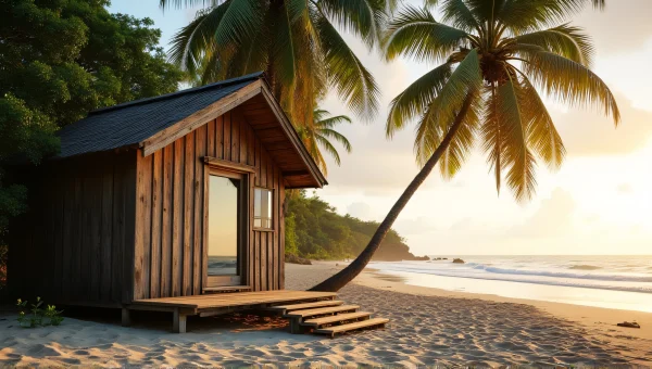 Weathered Wooden Cabin On Beach With Coconut Trees