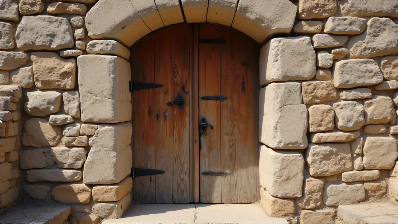 A weathered wooden door embedded in a crumbling stone wall with soft sidelighting.