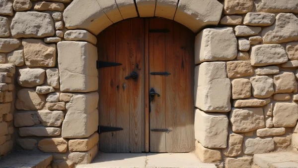Weathered Wooden Door In Crumbling Stone Wall