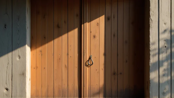 Weathered Wooden Door with Iron Handle and Shadow