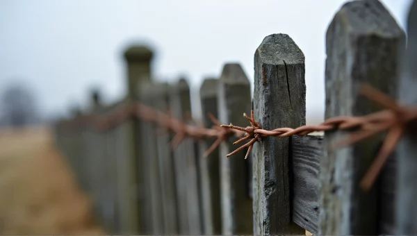 Weathered Wooden Fence With Barbed Wire Detail