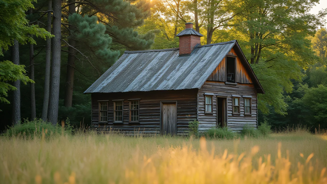 A weathered wooden house surrounded by tall trees and wild grass.
