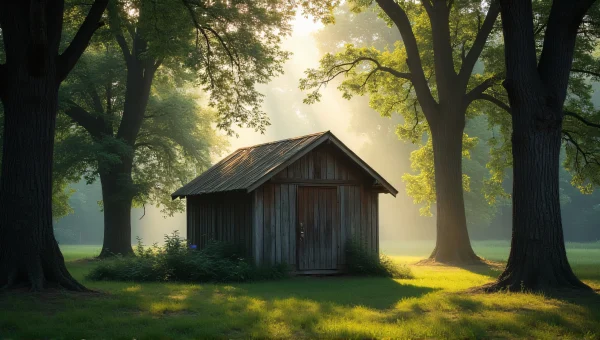 Weathered Wooden Shed Surrounded by Trees