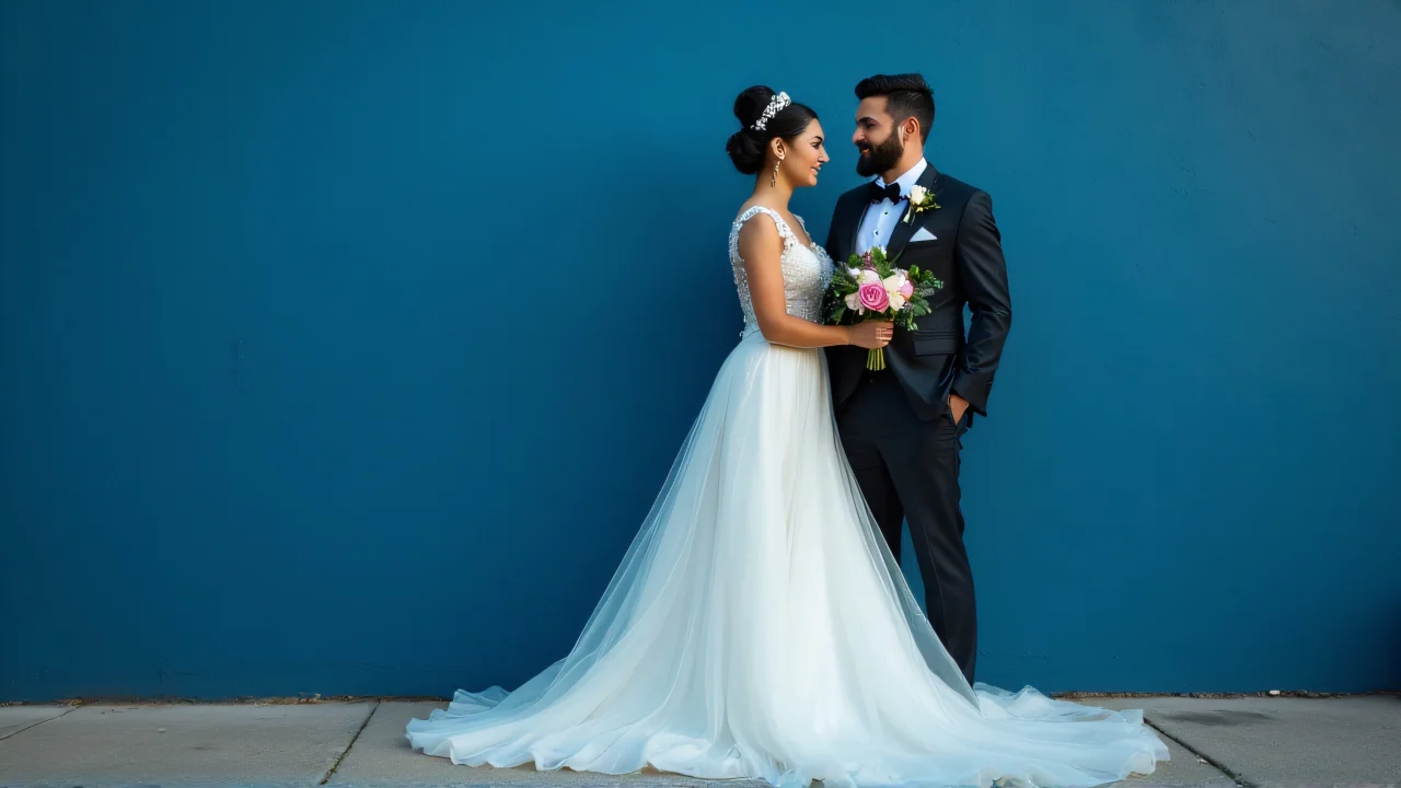 A wedding couple poses elegantly against a textured cobalt wall.