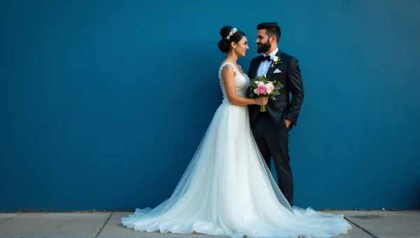 Wedding Couple Portrait Against Cobalt Wall