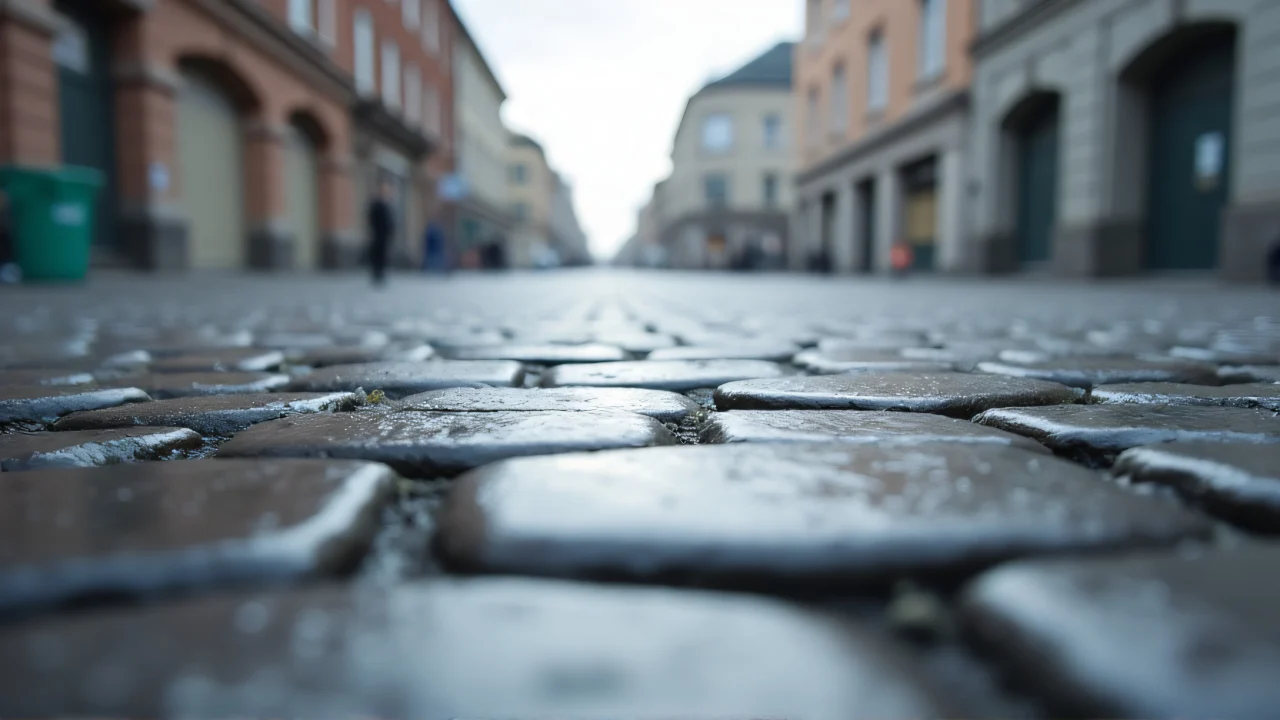 Close-up of wet cobblestone pavement reflecting a cloudy sky.