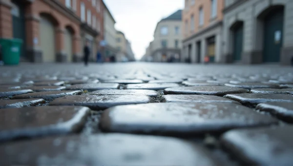 Wet Cobblestone Pavement Close-Up Reflection