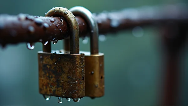 Wet Padlocks On Rusty Chain With Rain Droplets