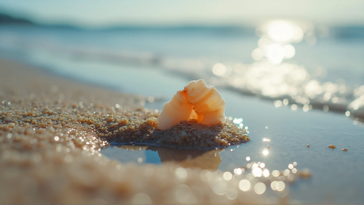 Macro close-up of wet sand grains and a tiny tide pool reflecting the sky.