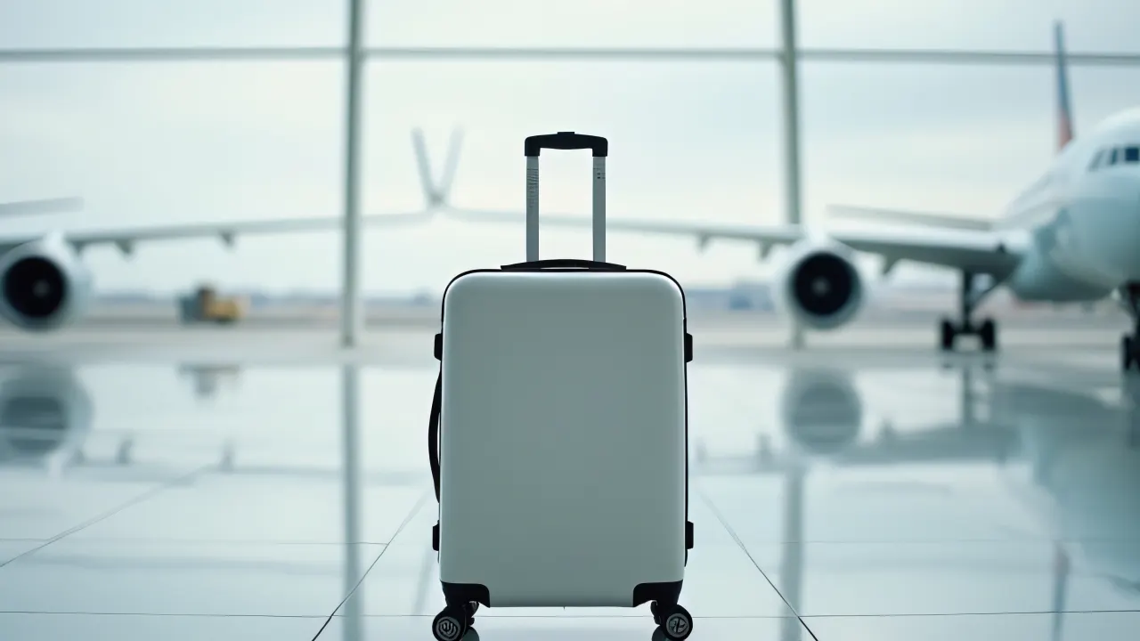 A white luggage case on reflective tarmac with soft lighting.