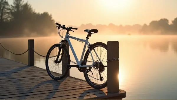 White Bicycle By Calm Lake At Golden Hour