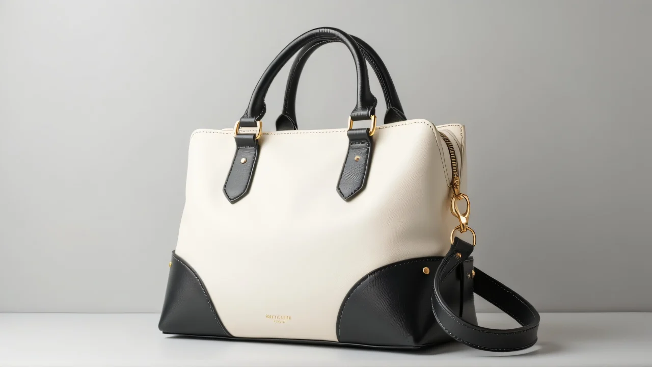 Stylish white and black leather shoulder bag with gold hardware on neutral background.