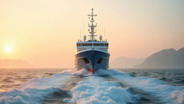 White And Blue Ship At Sunset With Masts