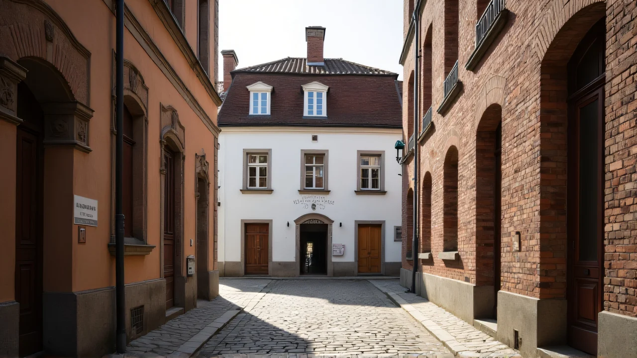 Three-story white and brown building in a narrow alley with cobblestones.