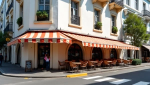 White Building With Colorful Awning And Street Cafe
