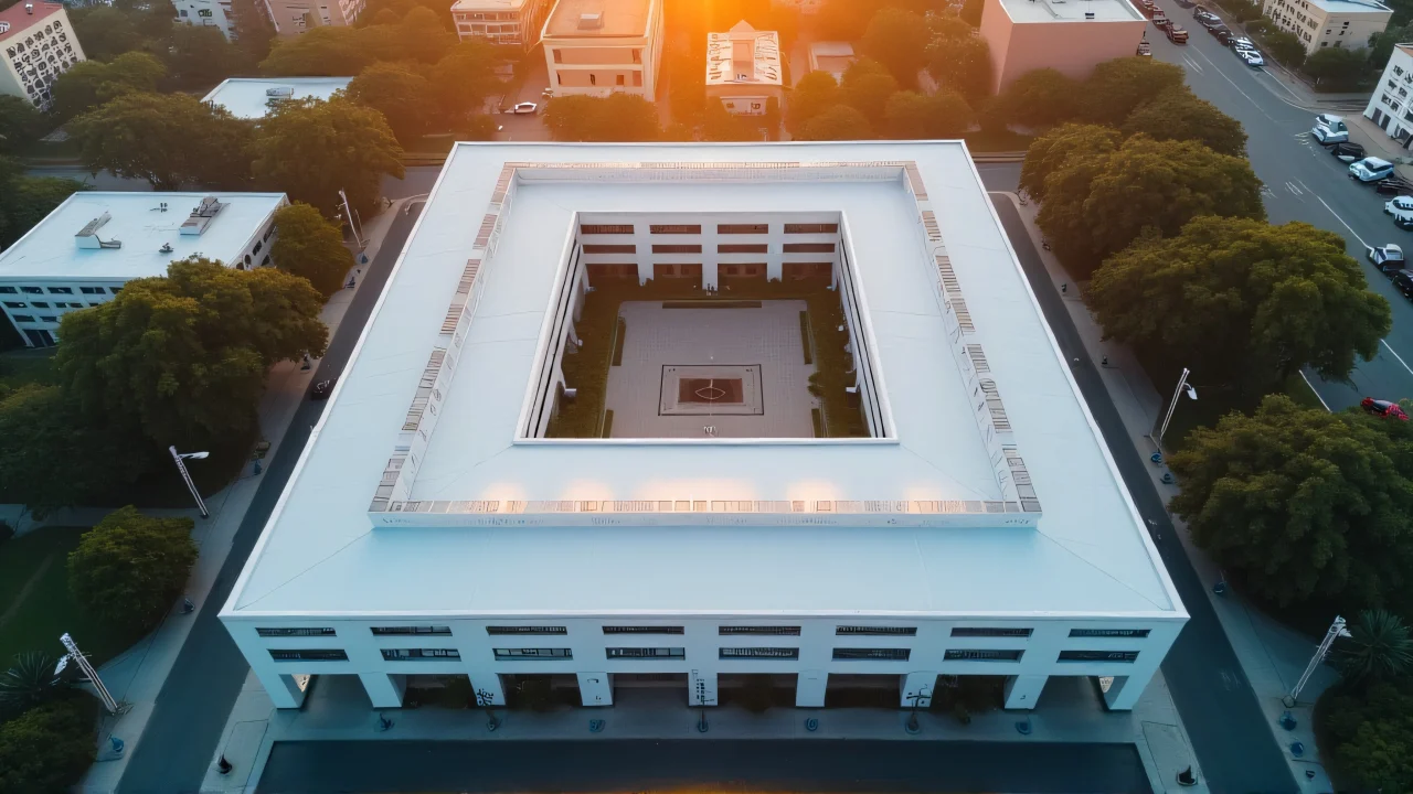 Aerial view of a white building complex with flat roofs and geometric courtyard during golden hour.