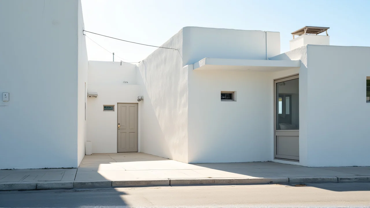 Street view of a white building with a clear sky above.