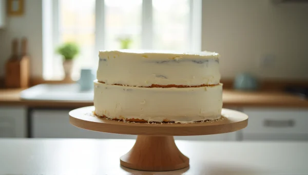 White Cake Layers On Wooden Pedestal In Kitchen