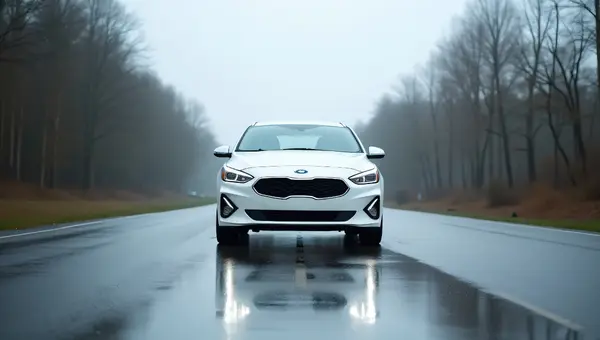 White Car On Wet Road Overcast Day Low Angle View