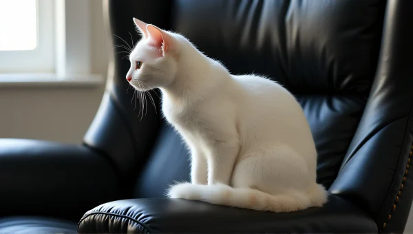 White Cat Relaxing on Black Leather Armchair