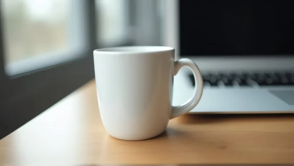 White Ceramic Mug And Laptop On Wooden Desk