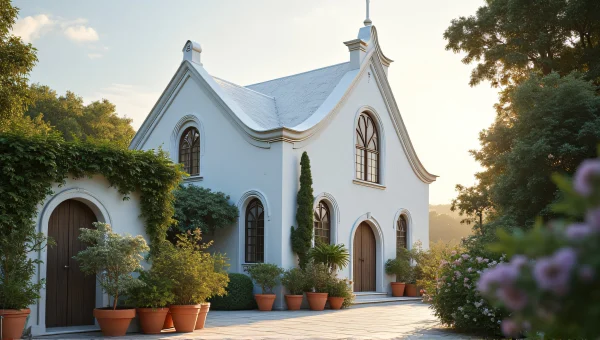 White Church Surrounded By Lush Greenery Plants