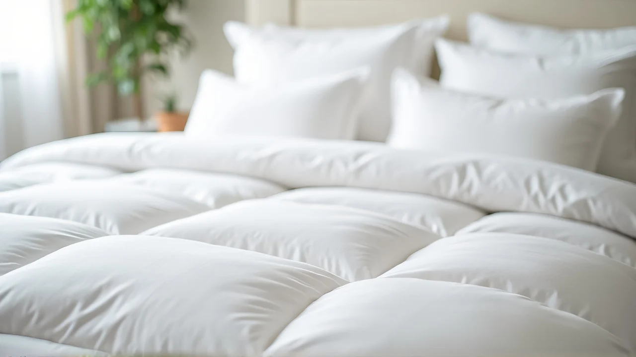 Neatly arranged white comforter set on a king bed with pillows.