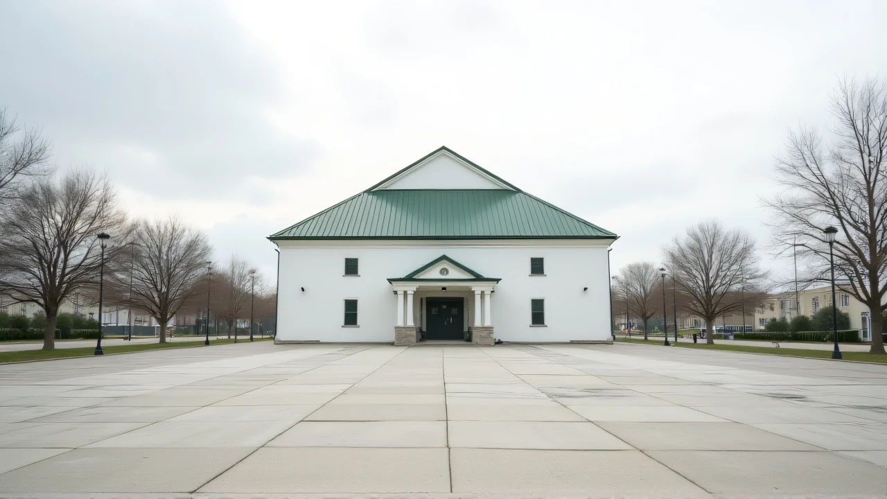 A low-angle view of a white concrete building with a green metal roof against a soft overcast sky.
