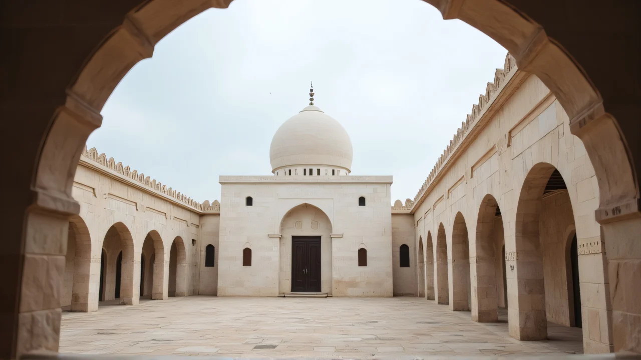 A white domed building viewed from a low angle with a stone courtyard in the foreground and an overcast sky.