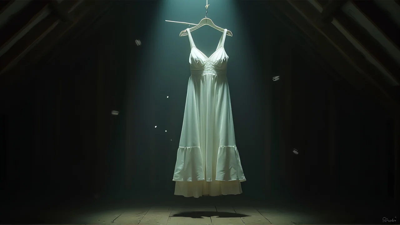 A white dress hangs from a crooked nail in a dusty attic illuminated by a single beam of light.