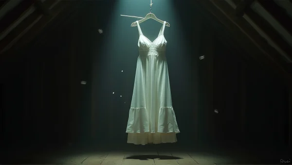 White Dress Hanging In Dim Attic Light