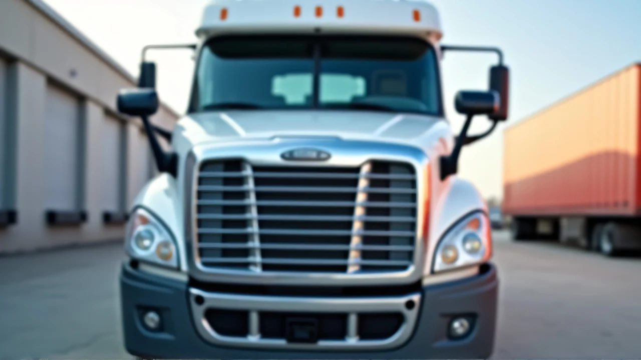 Close-up of a white freight truck cab at an urban loading dock with blurred background.