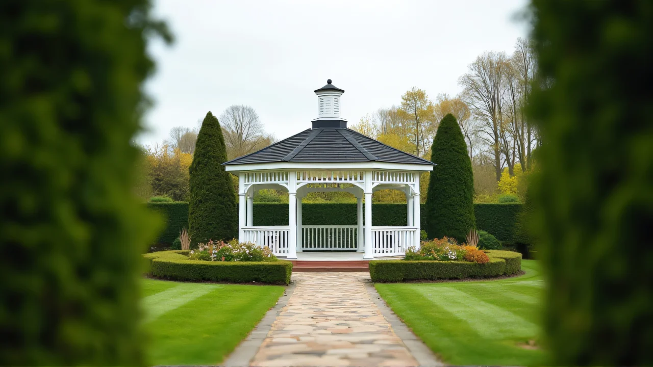 Low angle view of a white gazebo in a manicured garden with a winding stone path.