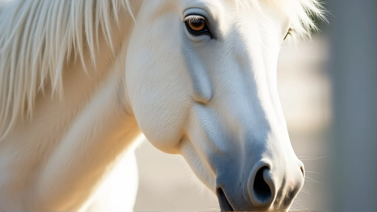 Close-up of a white horse's eye and muzzle with soft lighting.