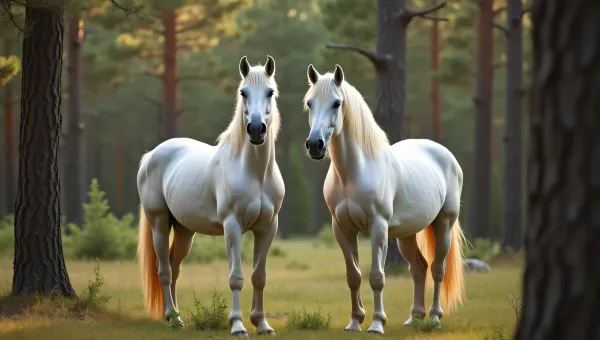 White Horses In Pine Forest Clearing
