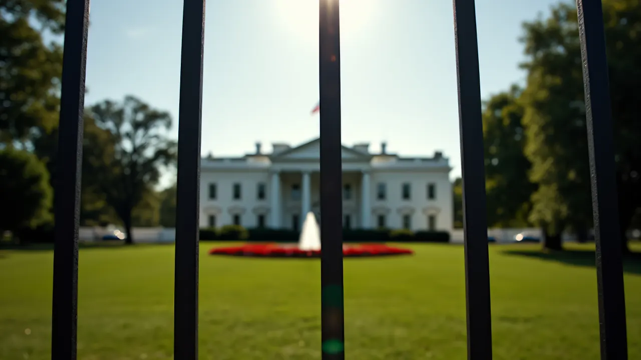 Frontal view of the White House framed by a wrought-iron fence under midday light.