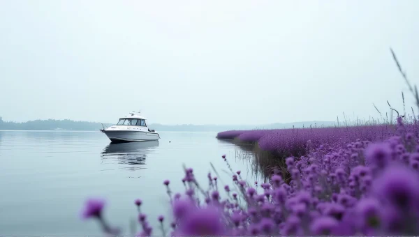 White Motorboat On Calm Water With Purple Flowers