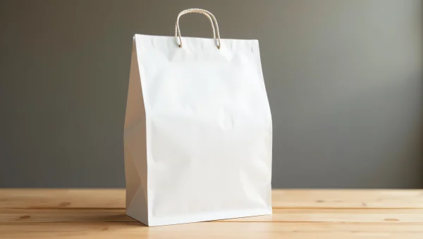 White Paper Bag on Wooden Table with Soft Lighting