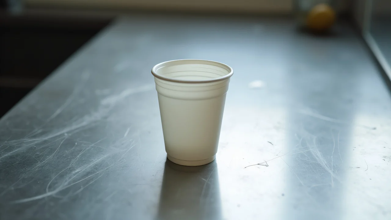 A single white plastic disposable cup on a scratched stainless-steel countertop with soft lighting.