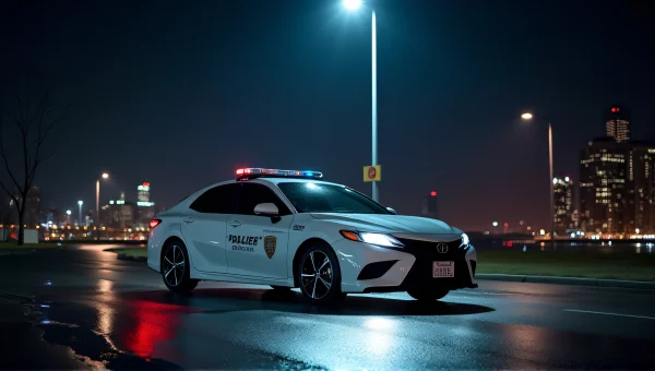 White Police Car Parked at Night City Skyline