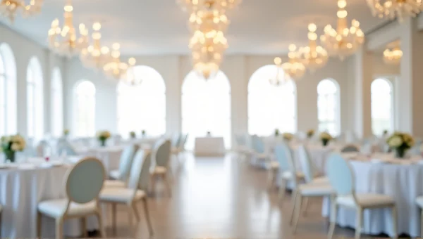 White Round Tables With Chairs In Bright Banquet Hall