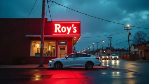 White Sedan Parked Under Neon Sign Evening Reflections