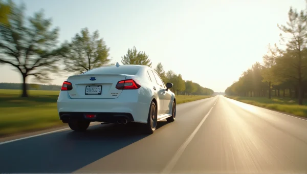 White Sedan On Two-Lane Road Midday Drive
