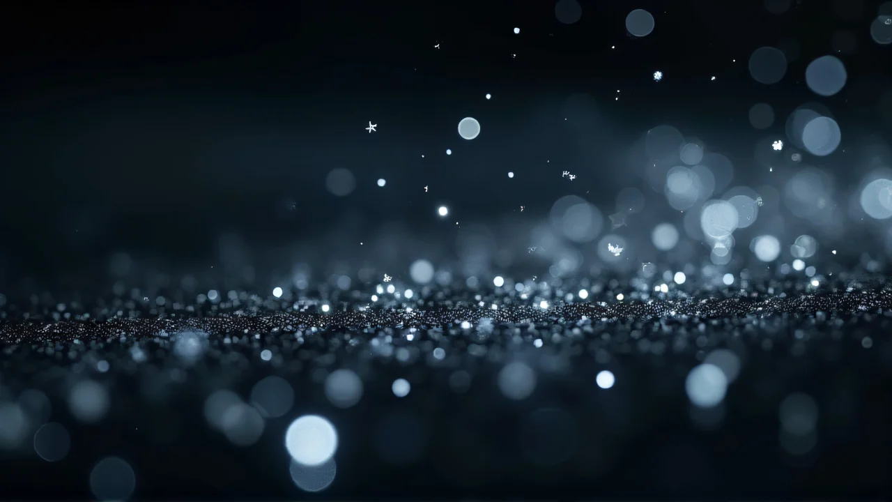 Close-up of white sparkles drifting on a dark surface.